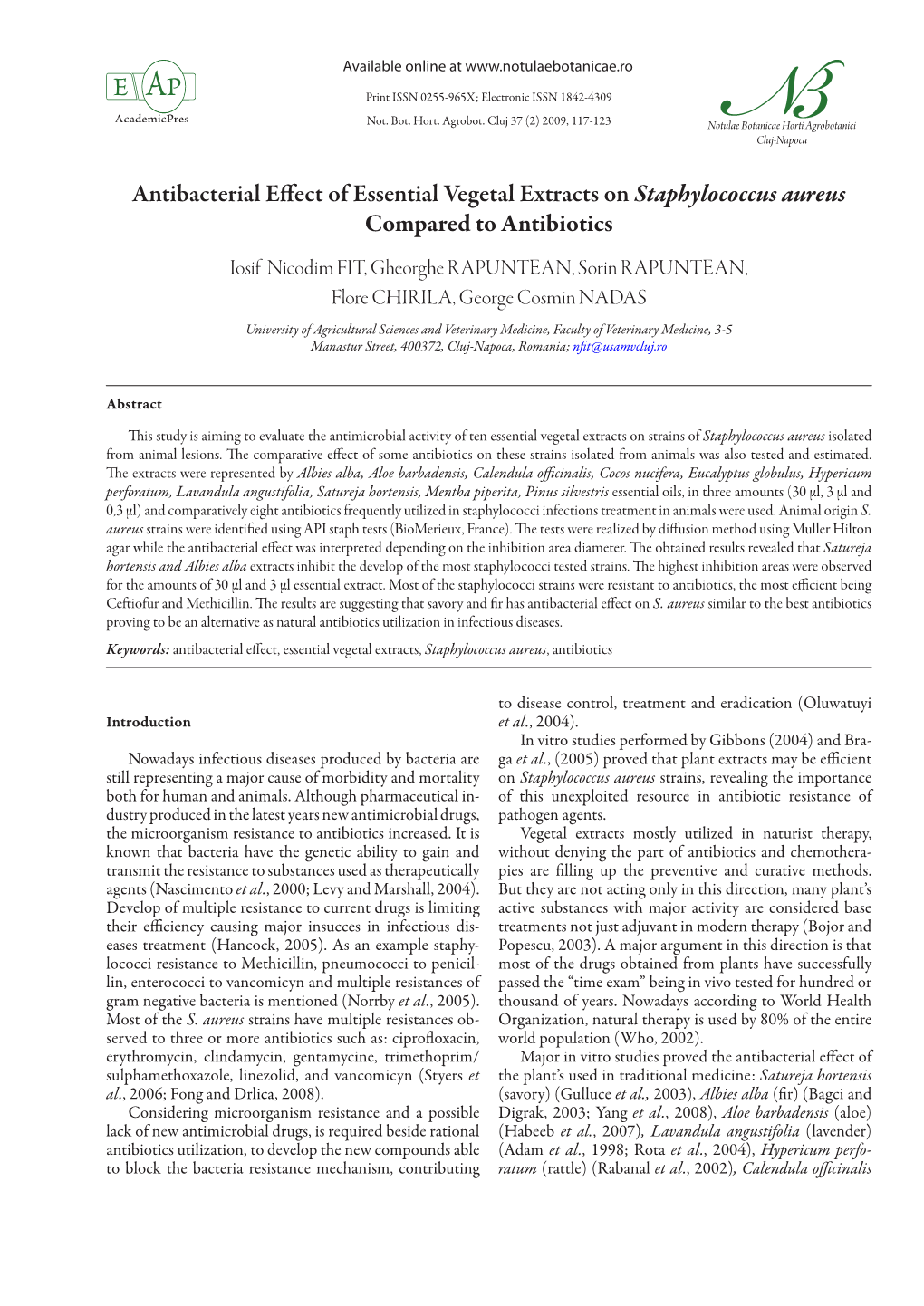 Antibacterial Effect of Essential Vegetal Extracts on Staphylococcus Aureus Compared to Antibiotics