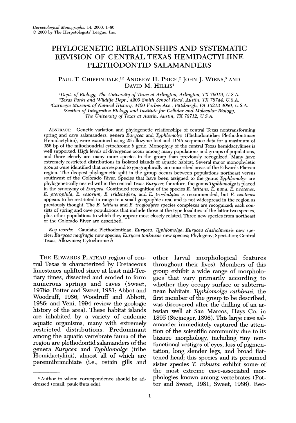 Phylogenetic Relationships and Systematic Revision of Central Texas Hemidactyliine Plethodontid Salamanders