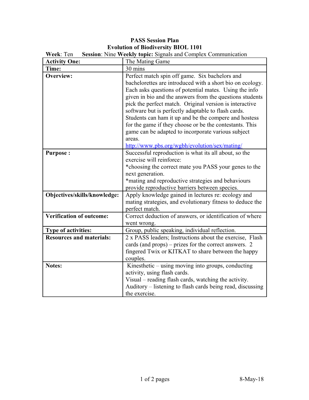 PASS Session Plan