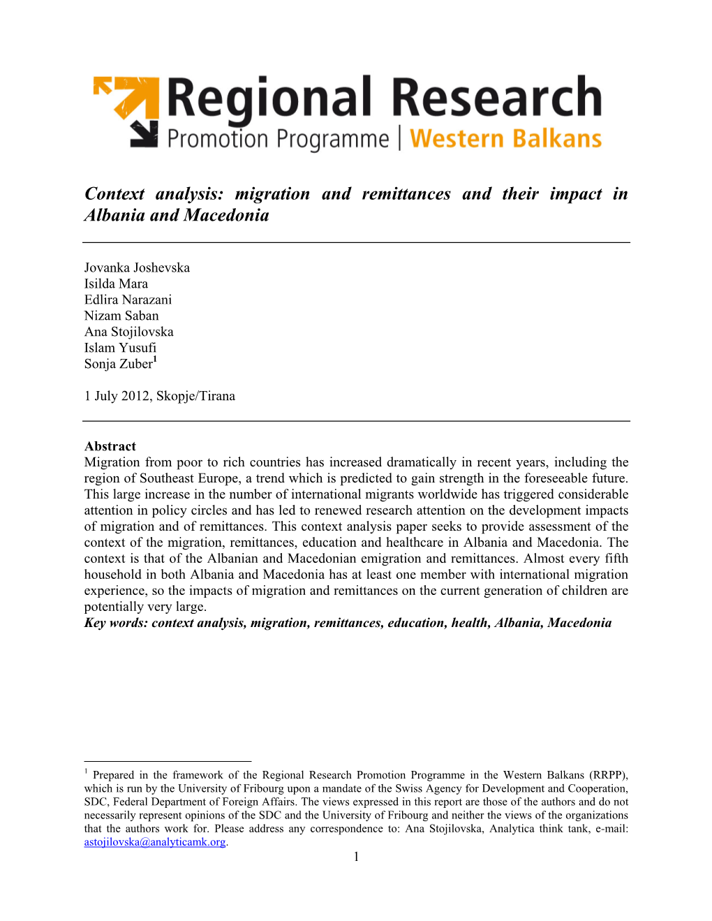 Context Analysis: Migration and Remittances and Their Impact in Albania and Macedonia