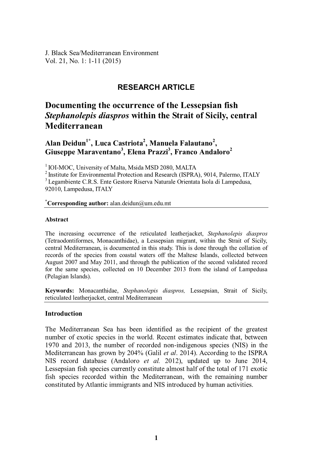 Documenting the Occurrence of the Lessepsian Fish Stephanolepis Diaspros Within the Strait of Sicily, Central Mediterranean