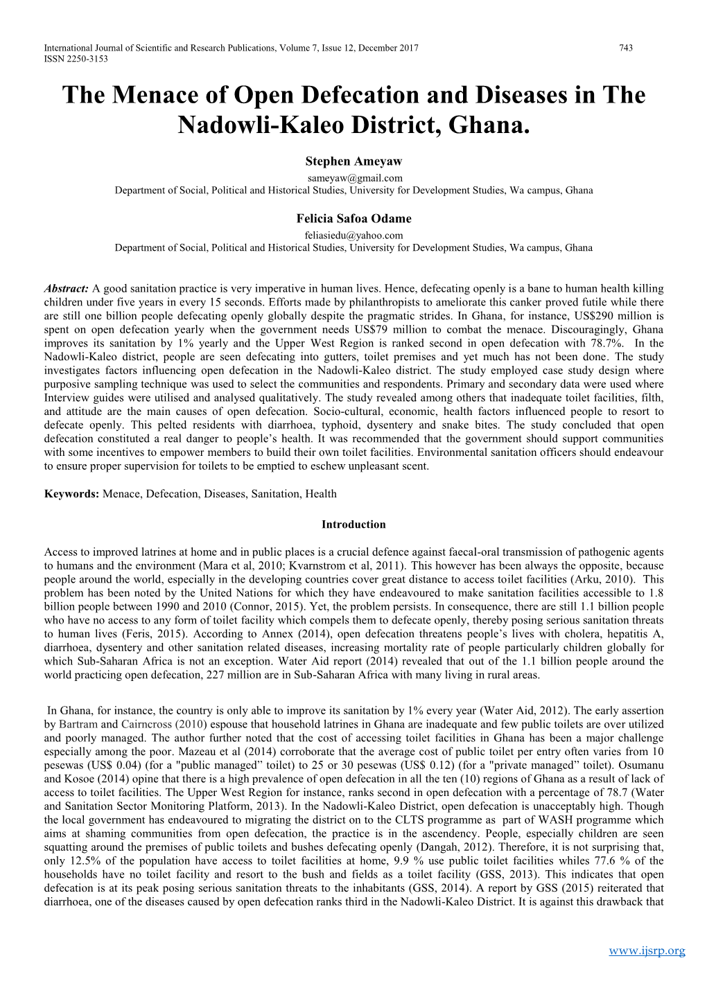 The Menace of Open Defecation and Diseases in the Nadowli-Kaleo District, Ghana