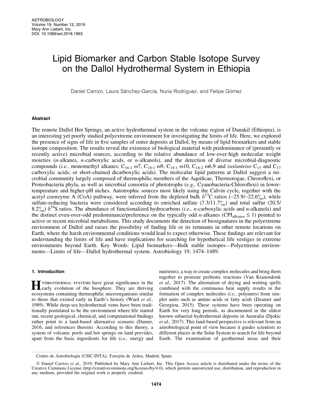 Lipid Biomarker and Carbon Stable Isotope Survey on the Dallol Hydrothermal System in Ethiopia