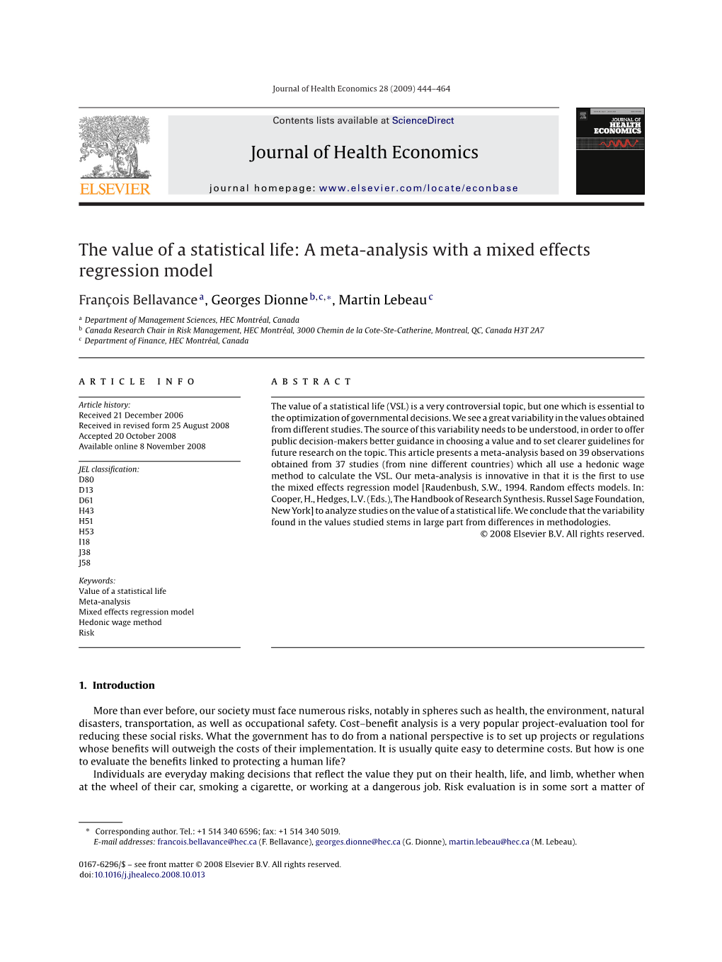 Journal of Health Economics the Value of a Statistical Life: a Meta