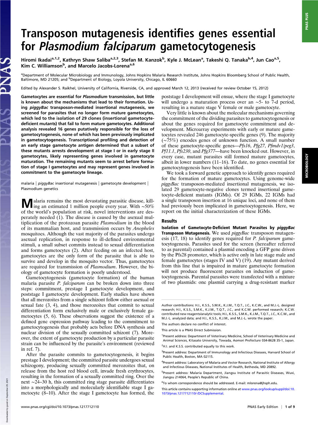 Transposon Mutagenesis Identifies Genes Essential for Plasmodium