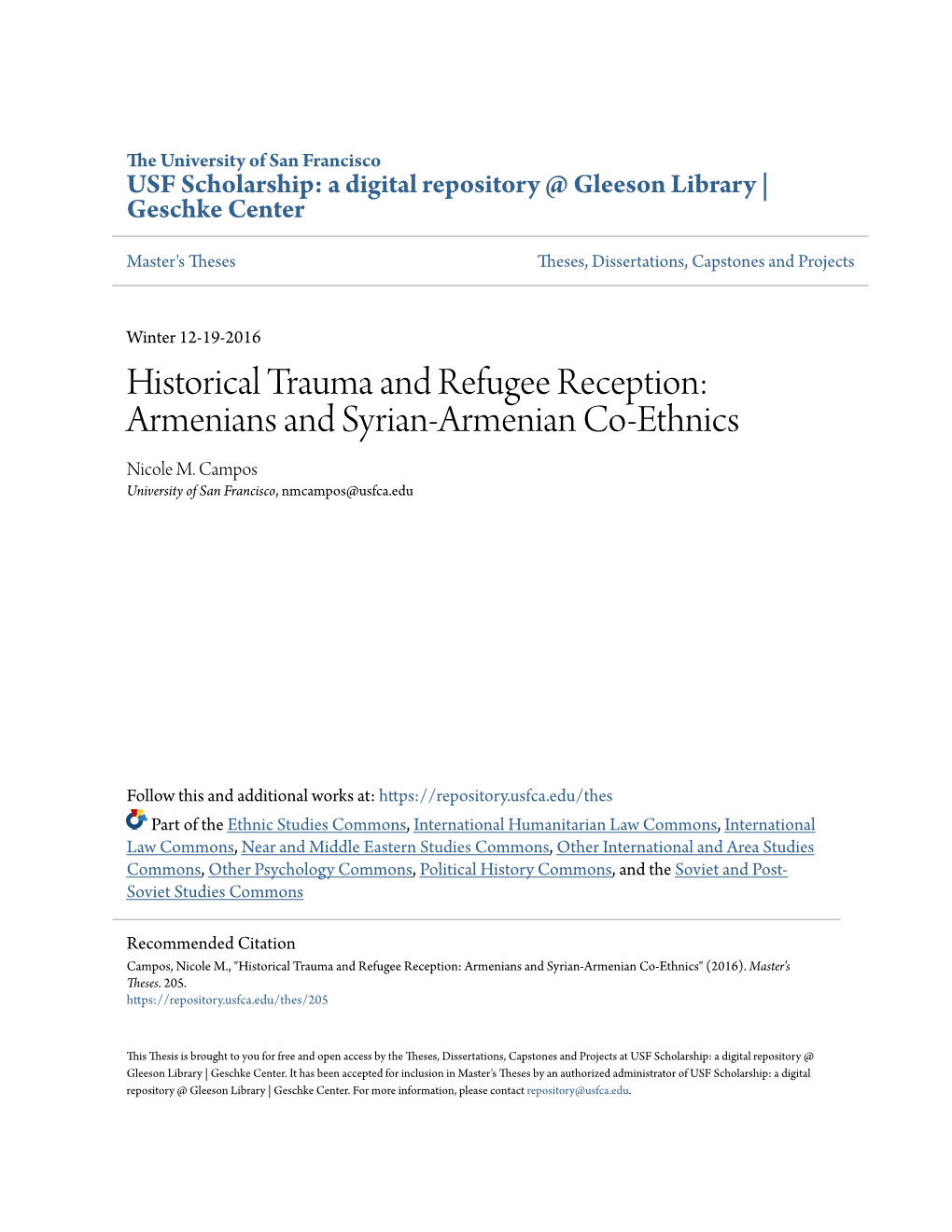 Historical Trauma and Refugee Reception: Armenians and Syrian-Armenian Co-Ethnics Nicole M