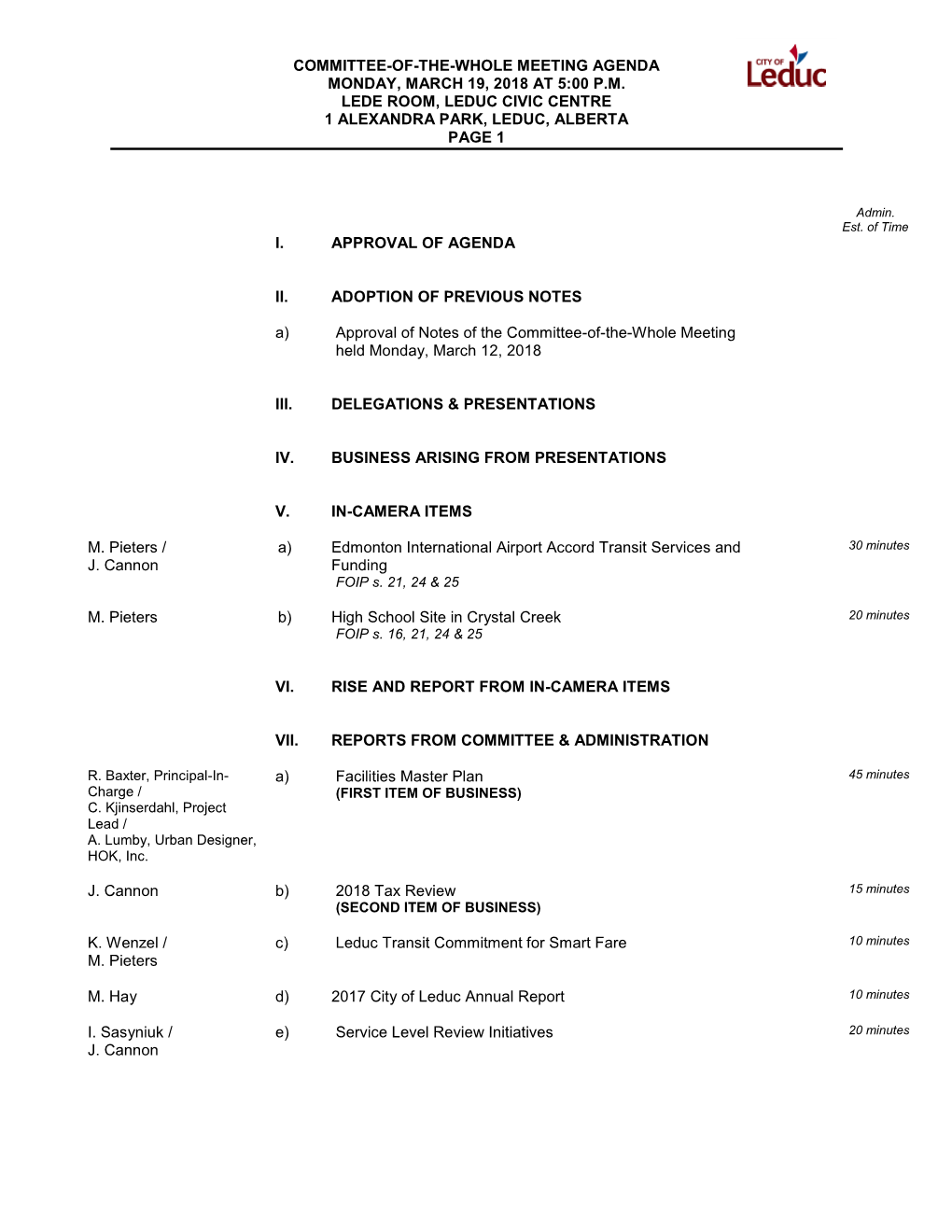 Committee-Of-The-Whole Meeting Agenda Monday, March 19, 2018 at 5:00 P.M