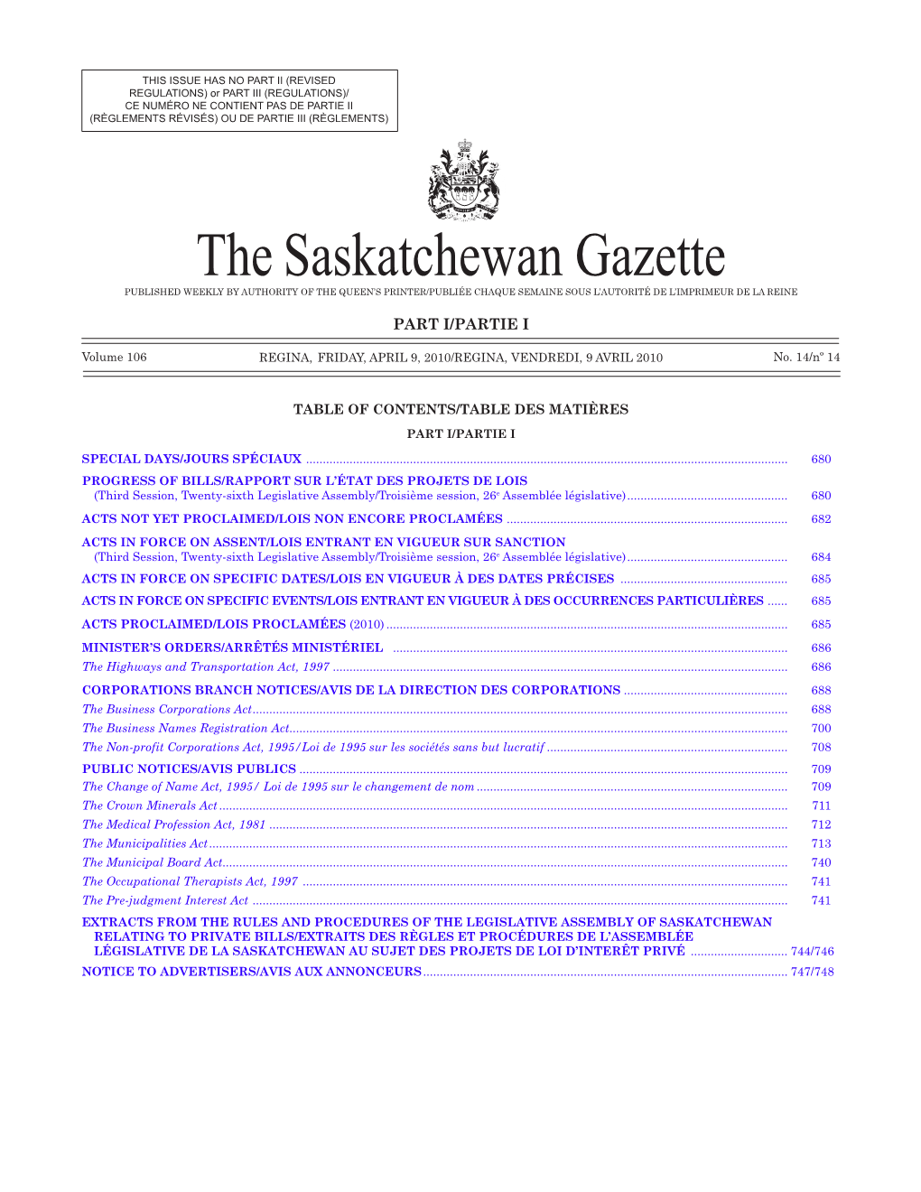 Sask Gazette, Part I, April 9, 2010