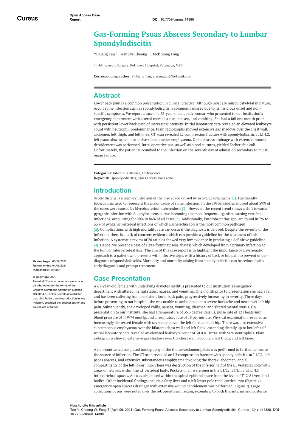 Gas-Forming Psoas Abscess Secondary to Lumbar Spondylodiscitis