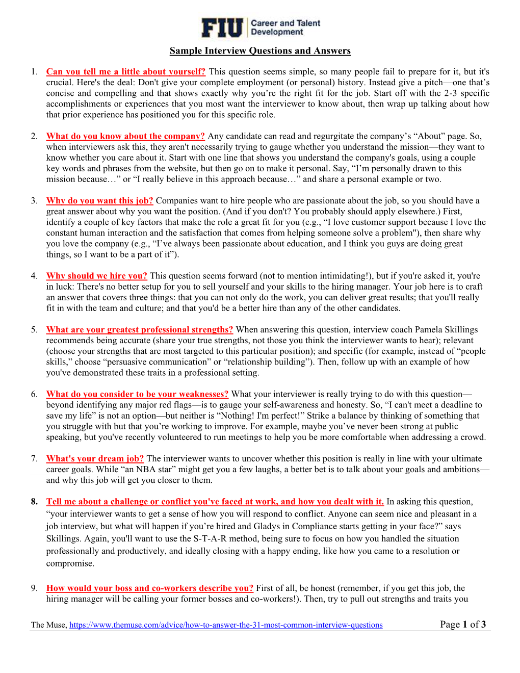 Page 1 of 3 Sample Interview Questions and Answers