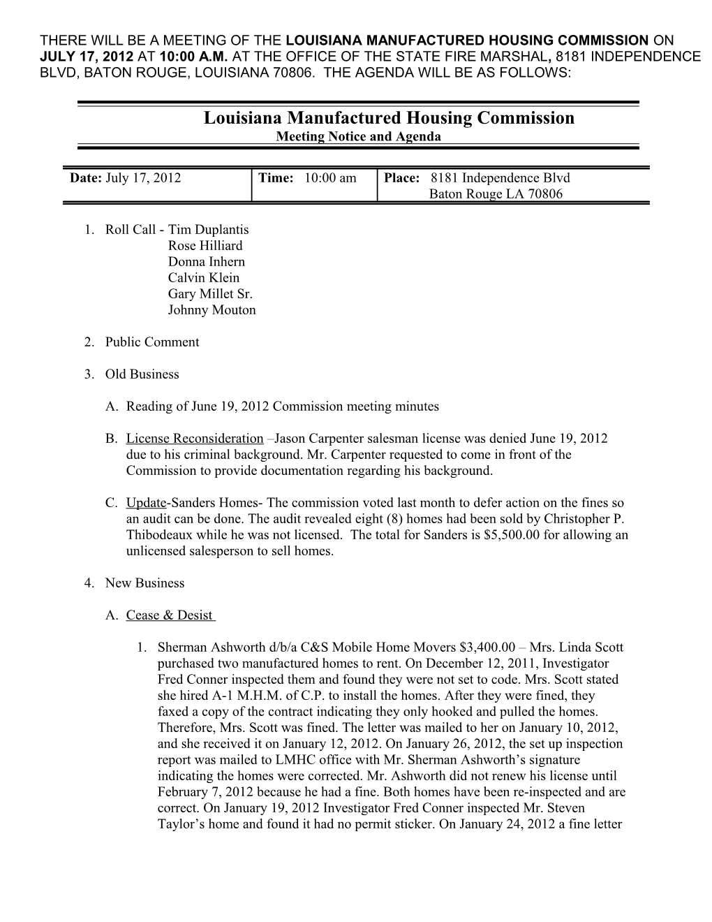 Louisiana Manufactured Housing Commission s1