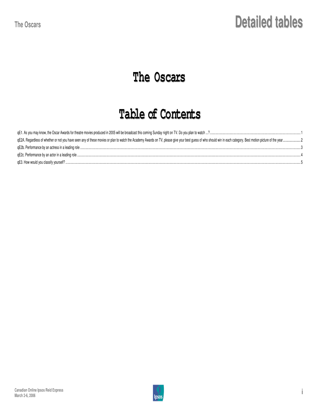 Detailed Tables the Oscars Table of Contents