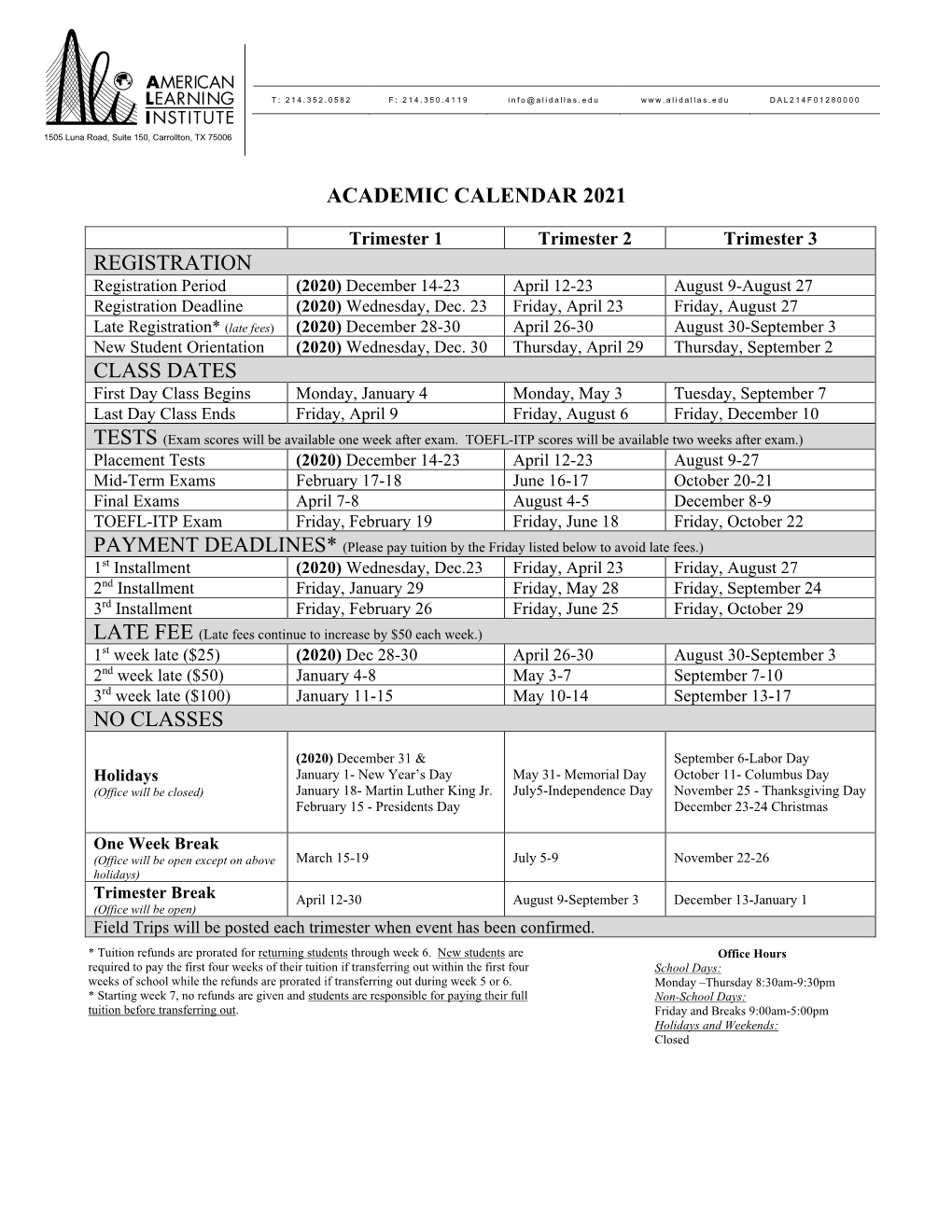 Academic Calendar 2021 Registration Class Dates