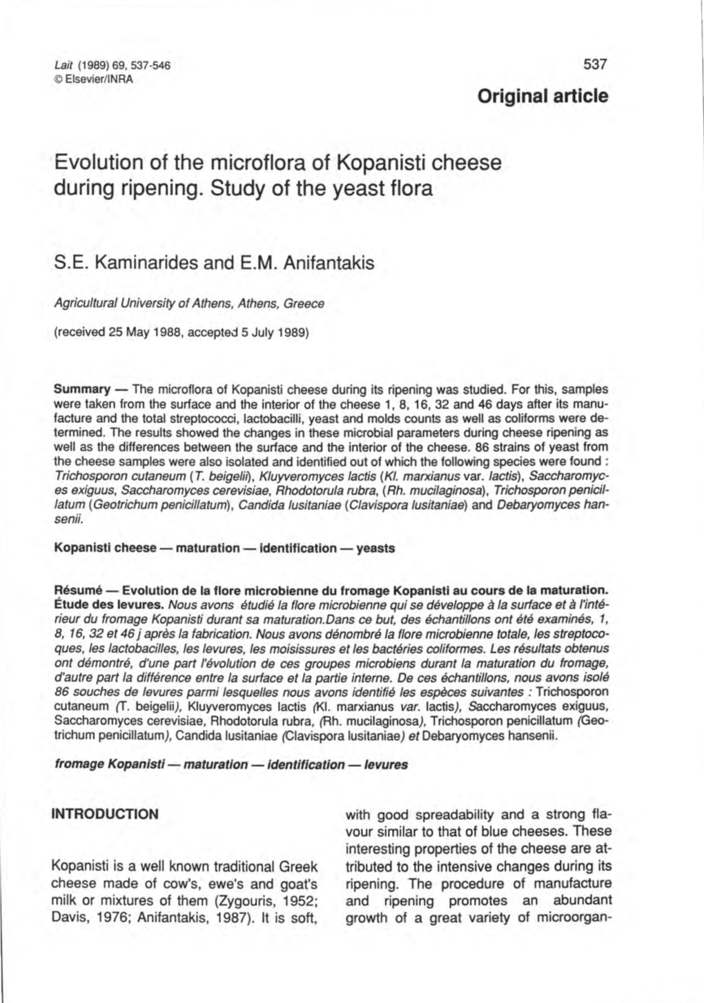 Evolution of the Microflora of Kopanisti Cheese During Ripening. Study Of