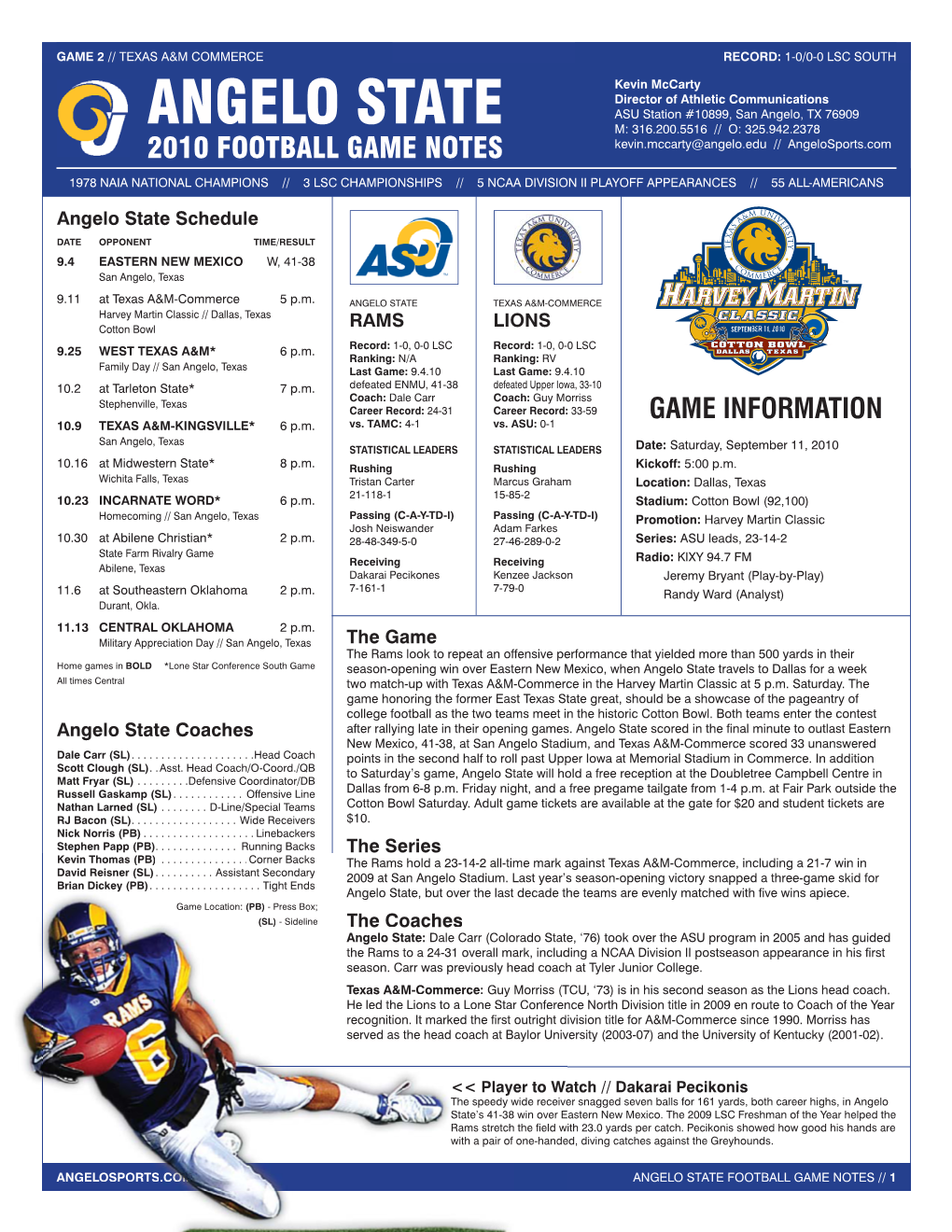 ANGELO STATE DEPTH CHART Vs. TEXAS A&M-COMMERCE