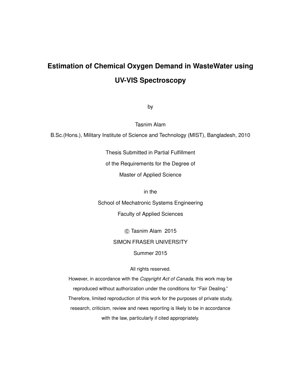 Estimation of Chemical Oxygen Demand in Wastewater Using UV