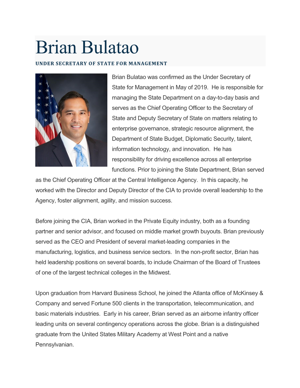 Brian Bulatao UNDER SECRETARY of STATE for MANAGEMENT