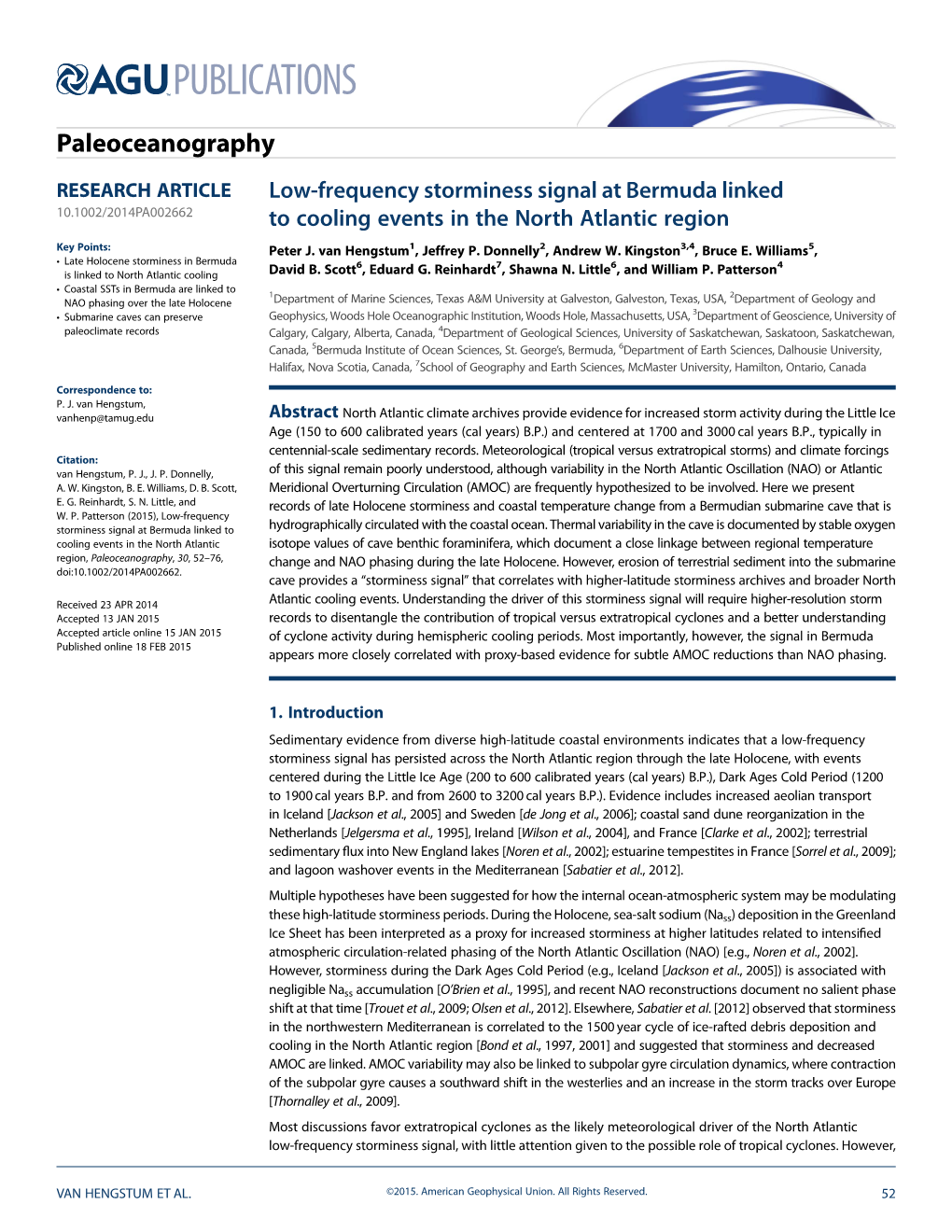 Low-Frequency Storminess Signal at Bermuda Linked to Cooling Events In