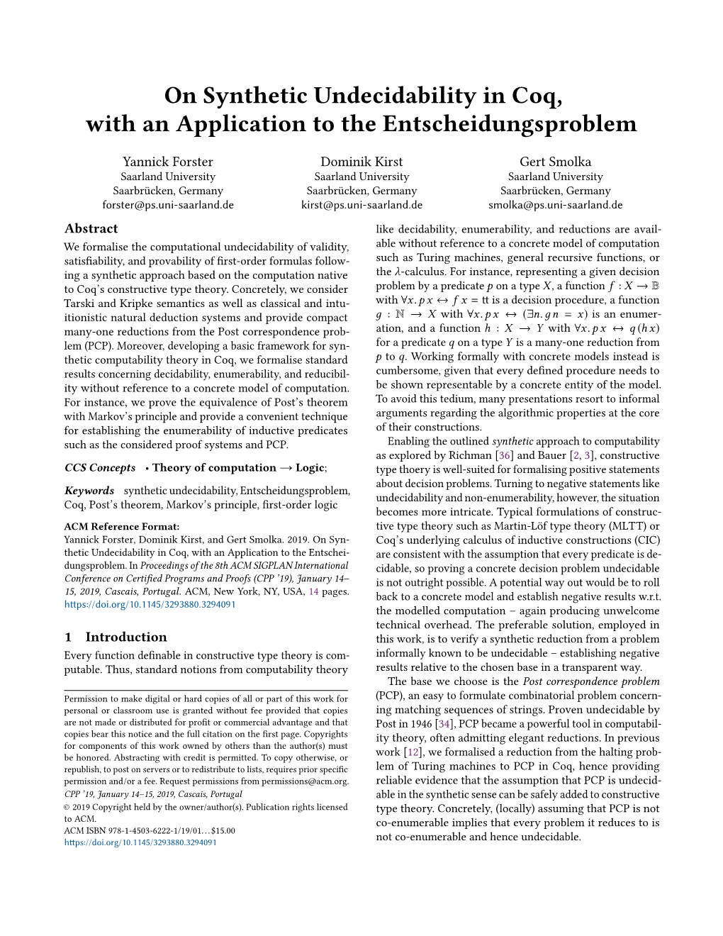 On Synthetic Undecidability in Coq, with an Application to the Entscheidungsproblem