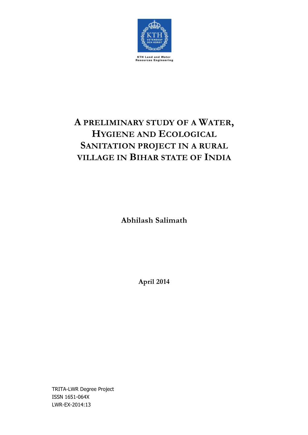 A Preliminary Study of a Water, Hygiene and Ecological Sanitation Project in a Rural Village in Bihar State of India