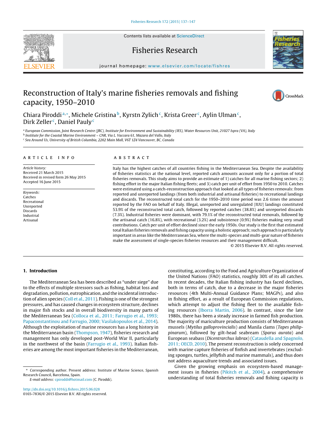 Reconstruction of Italy's Marine Fisheries Removals and Fishing