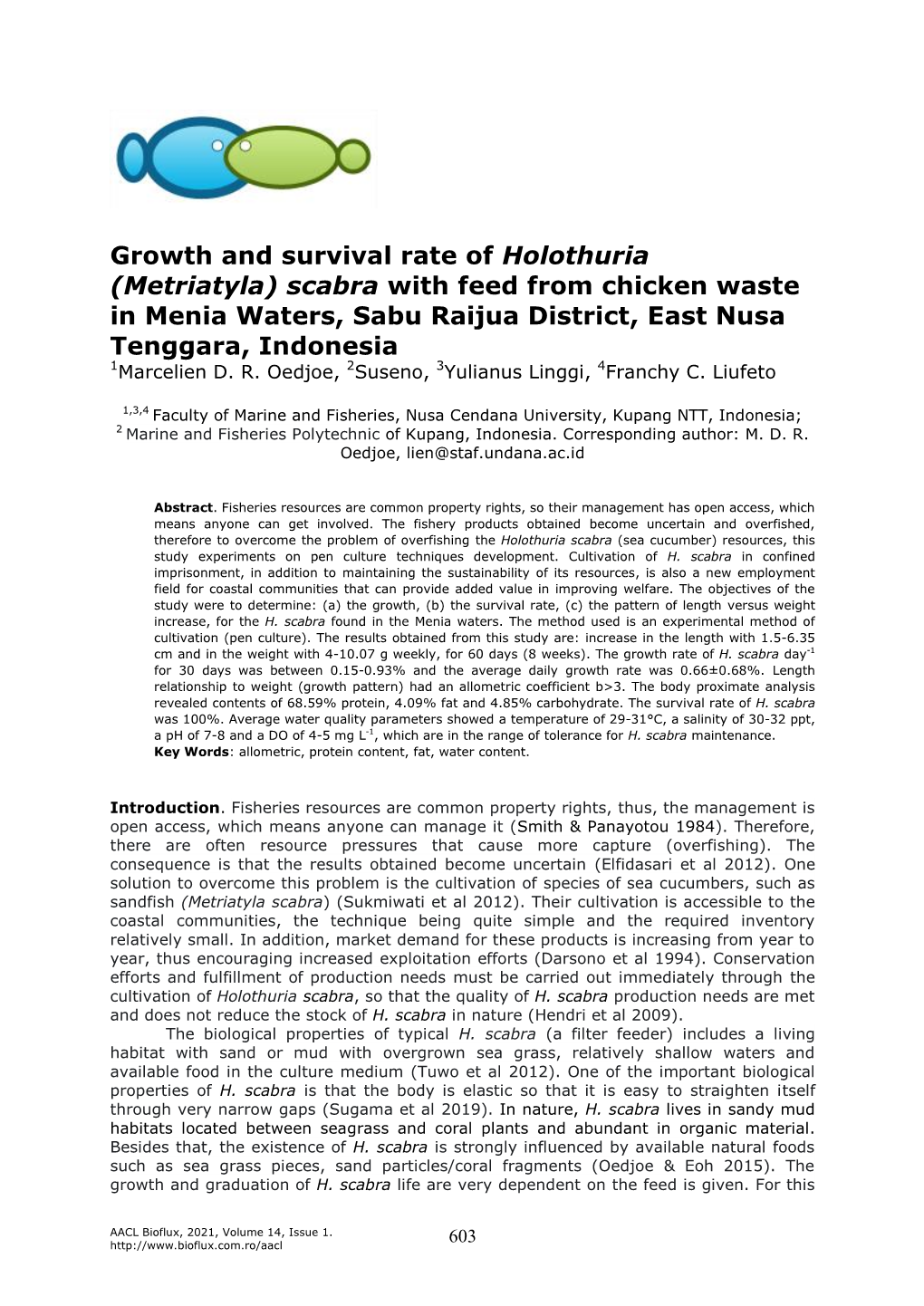 Growth and Survival Rate of Holothuria