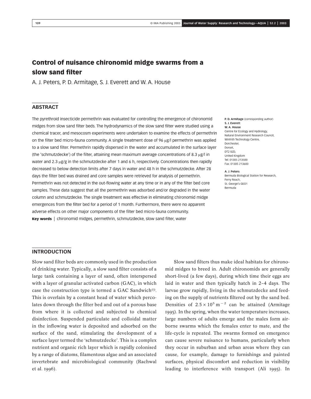 Control of Nuisance Chironomid Midge Swarms from a Slow Sand Filter A