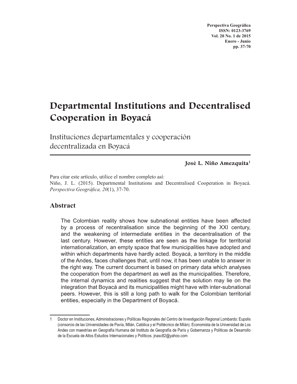 Departmental Institutions and Decentralised Cooperation in Boyacá