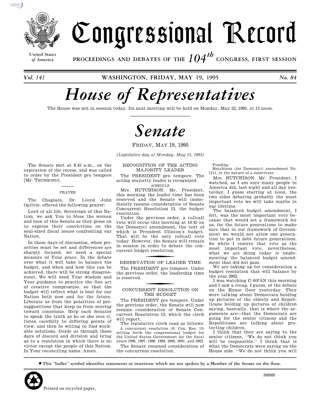 Congressional Record United States Th of America PROCEEDINGS and DEBATES of the 104 CONGRESS, FIRST SESSION