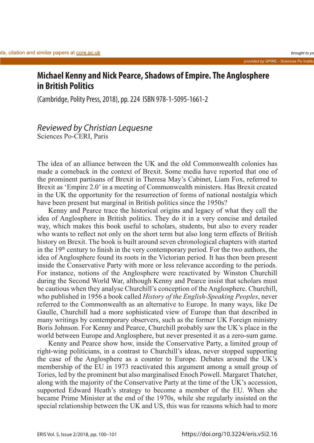 Michael Kenny and Nick Pearce, Shadows of Empire. the Anglosphere in British Politics (Cambridge, Polity Press, 2018), Pp