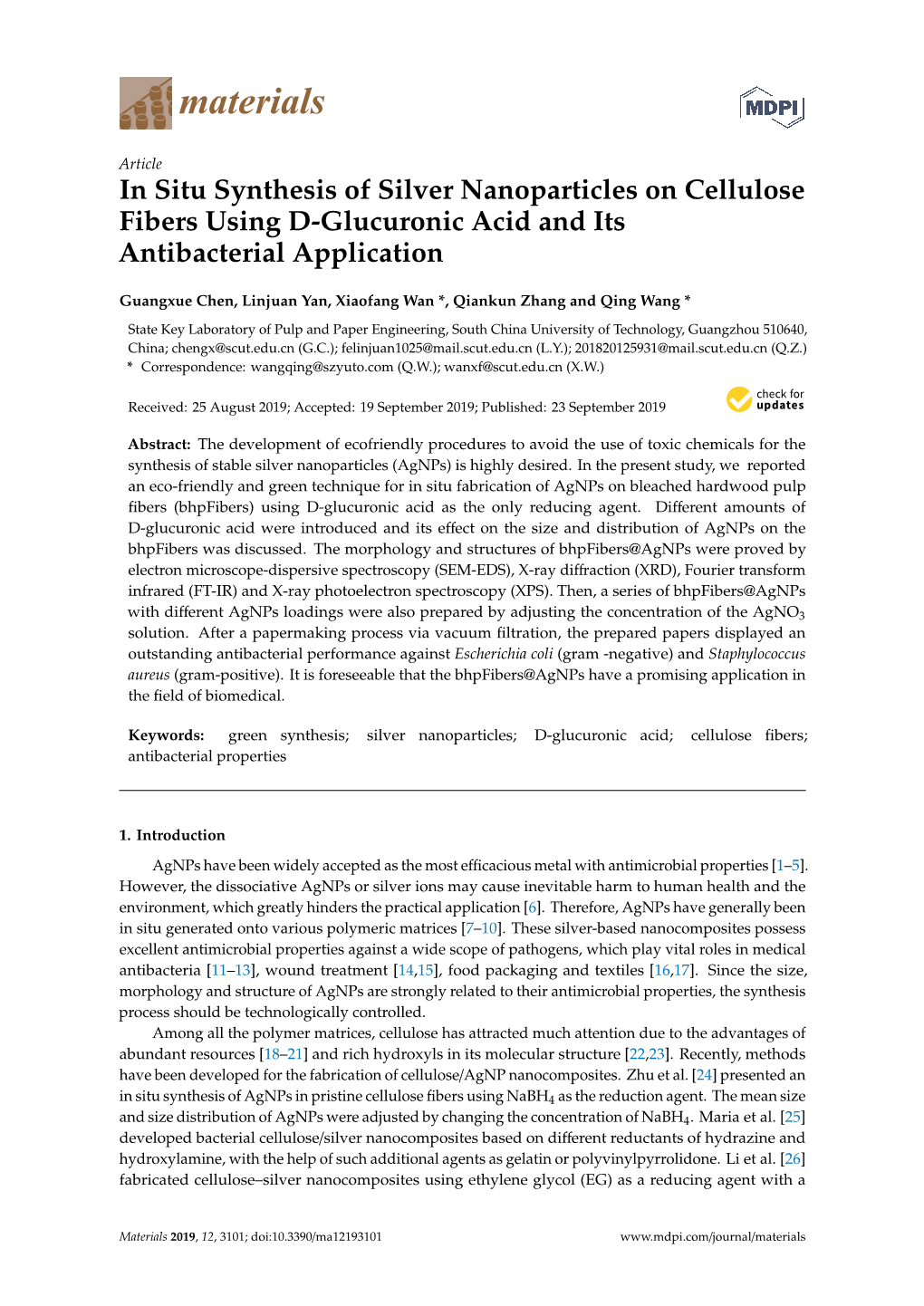 In Situ Synthesis of Silver Nanoparticles on Cellulose Fibers Using D-Glucuronic Acid and Its Antibacterial Application