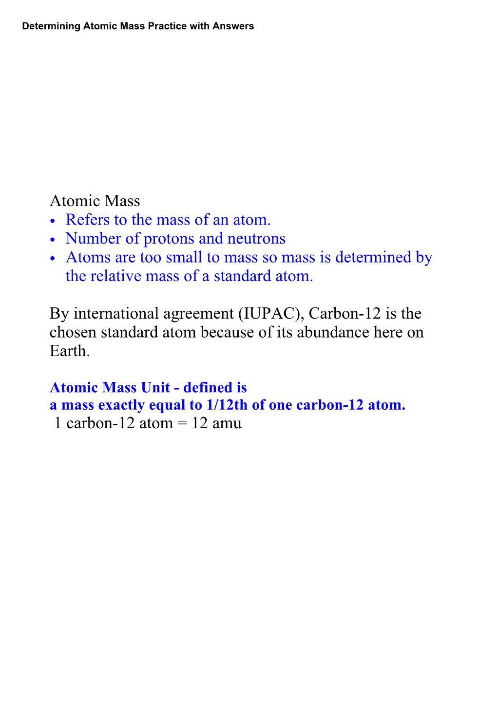 Determining Atomic Mass Practice with Answers