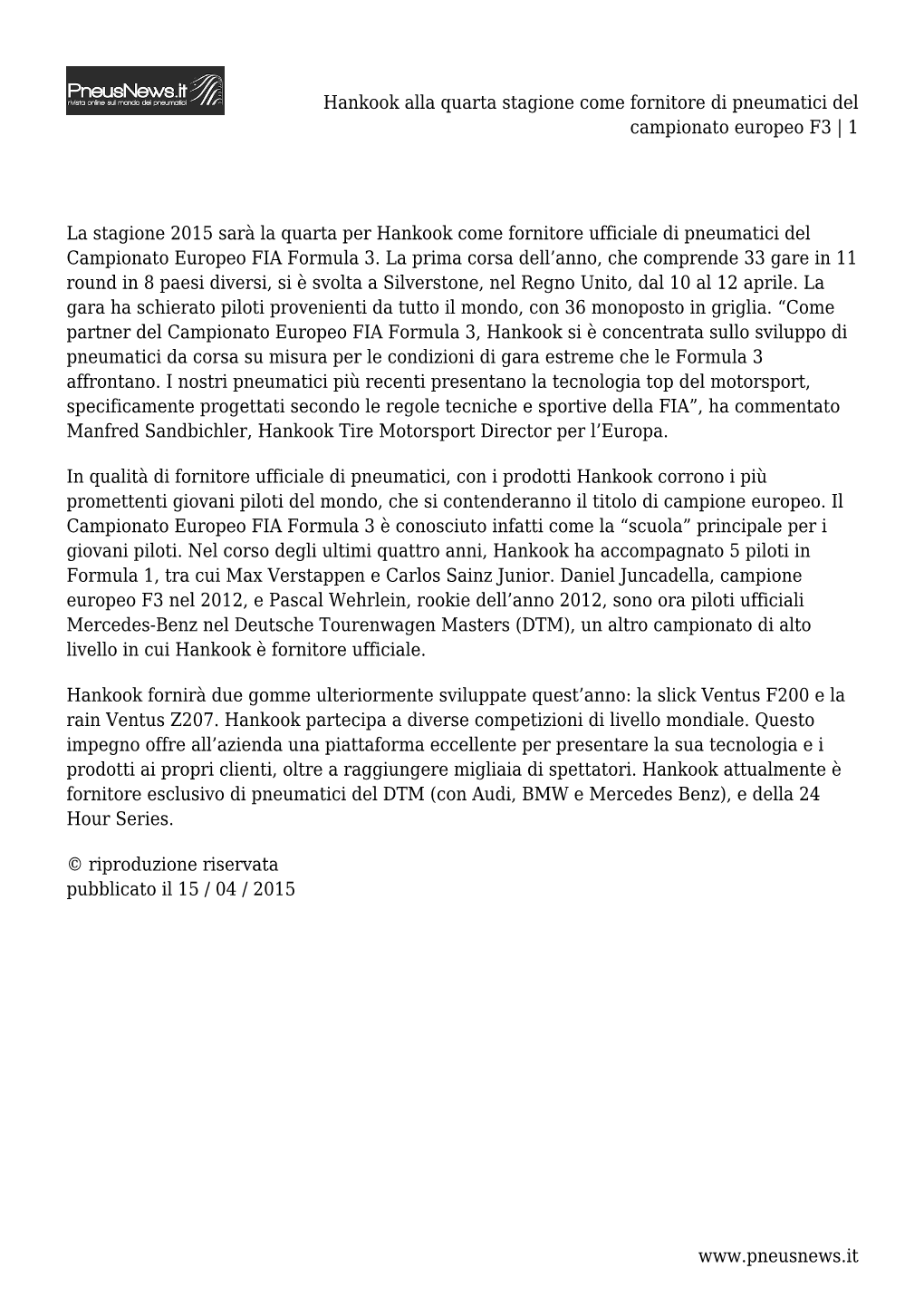 Hankook Alla Quarta Stagione Come Fornitore Di Pneumatici Del Campionato Europeo F3 | 1