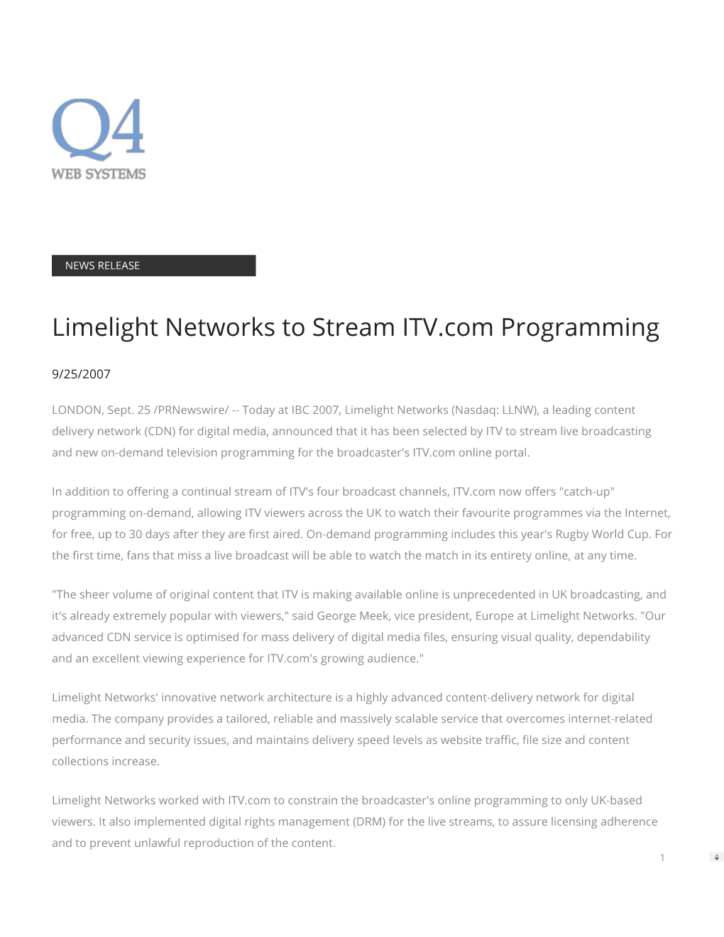 Limelight Networks to Stream ITV.Com Programming