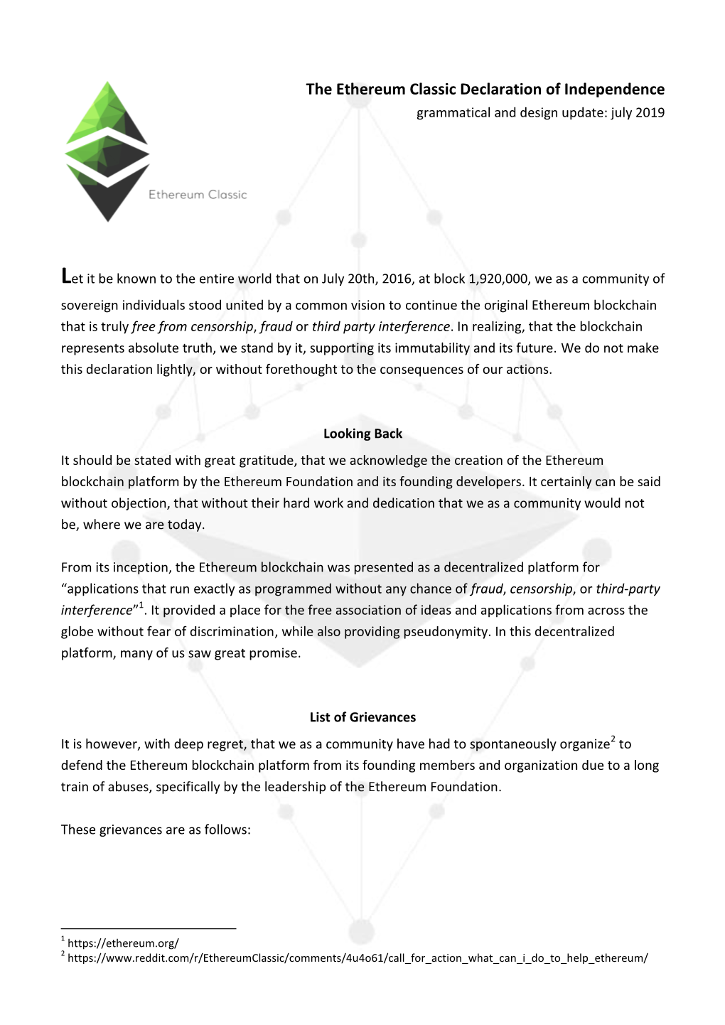 The Ethereum Classic Declaration of Independence Grammatical and Design Update: July 2019