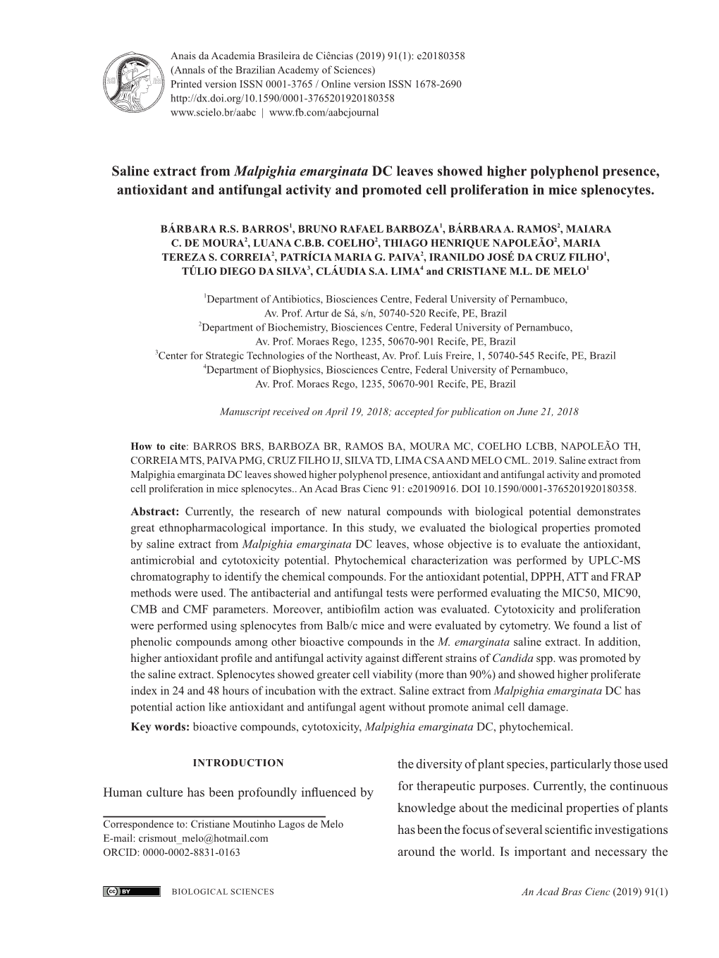 Saline Extract from Malpighia Emarginata DC Leaves Showed