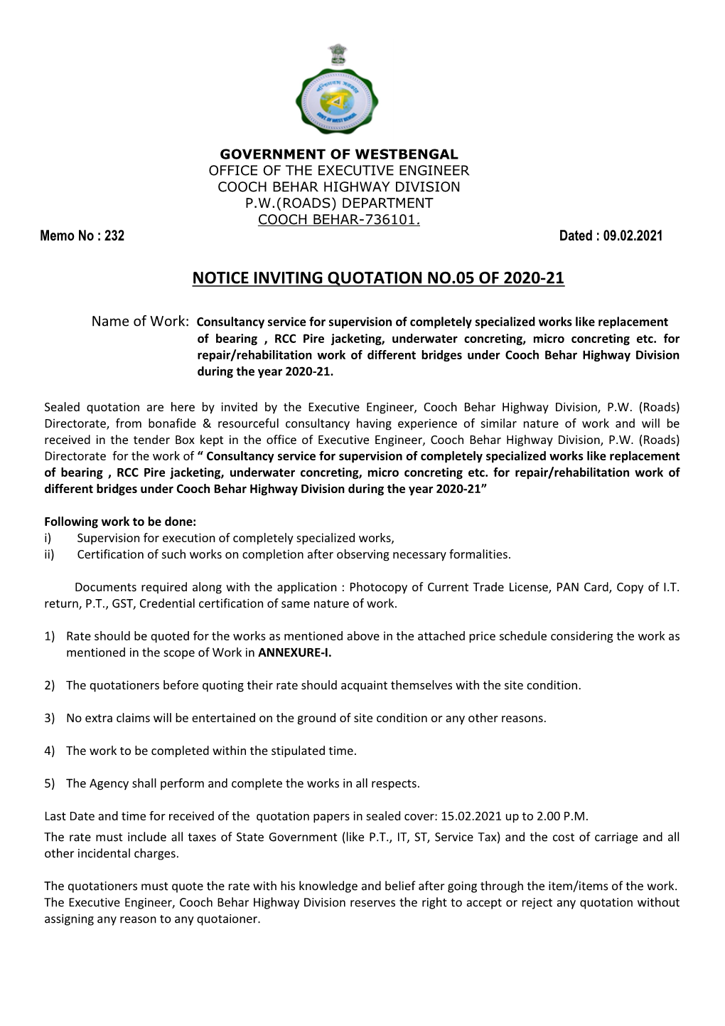 Notice Inviting Quotation No.05 of 2020-21