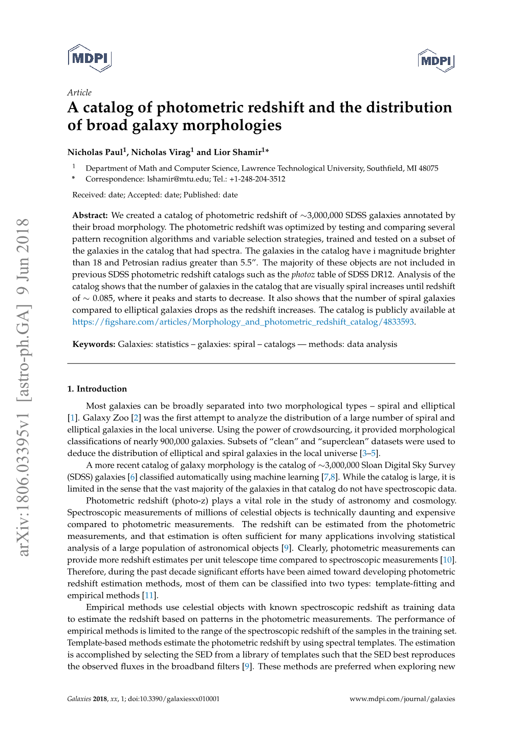 A Catalog of Photometric Redshift and the Distribution of Broad Galaxy Morphologies