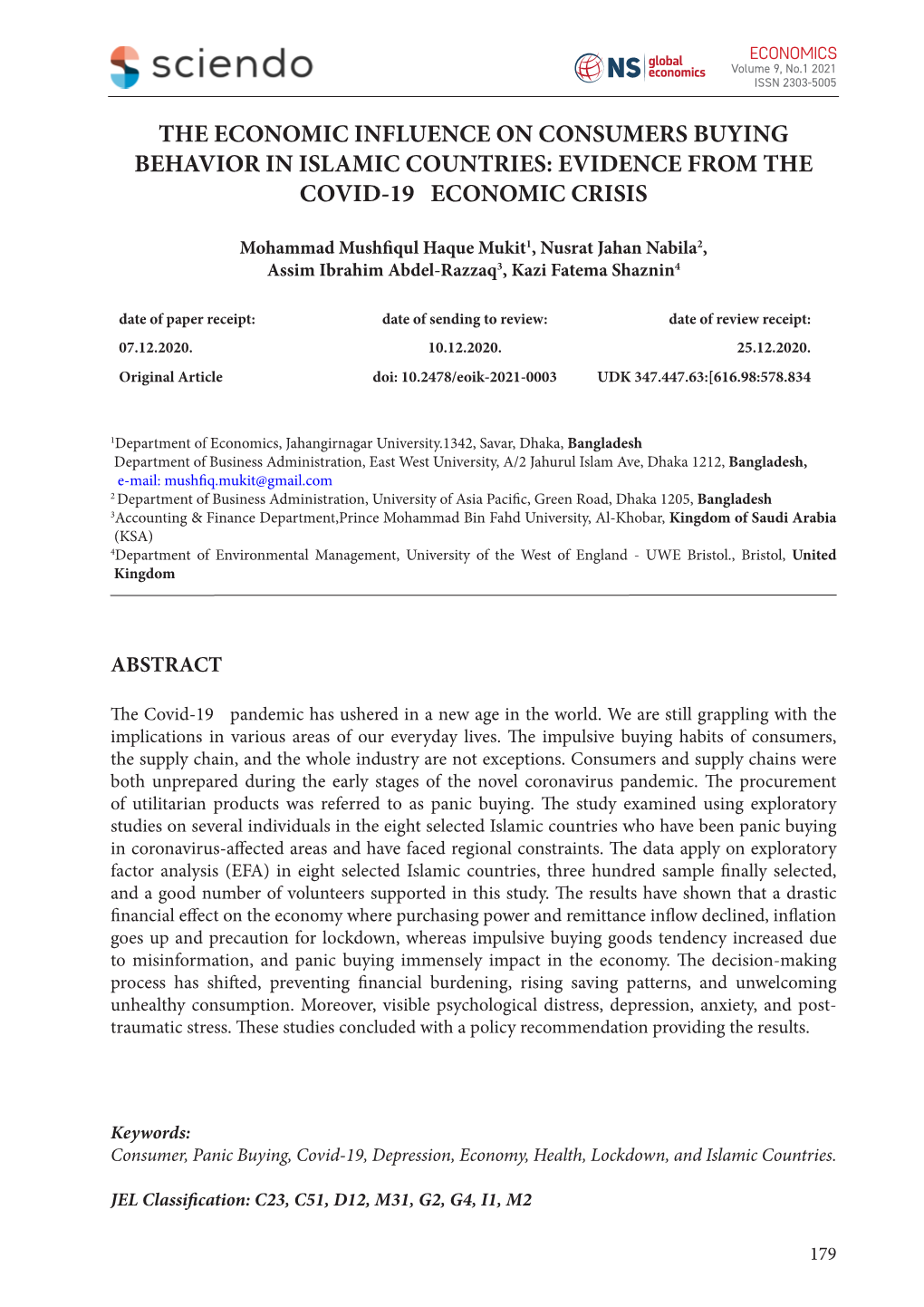 The Economic Influence on Consumers Buying Behavior in Islamic Countries: Evidence from the Covid-19 Economic Crisis