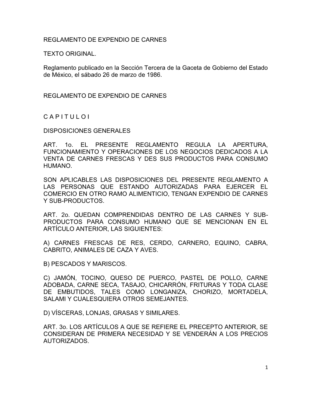 Reglamento De Expendio De Carnes Texto Original