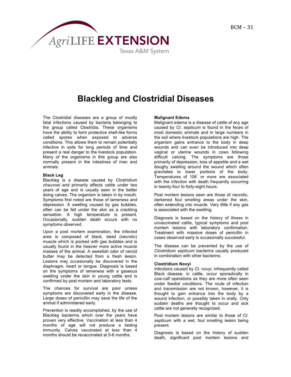 Blackleg and Clostridial Diseases