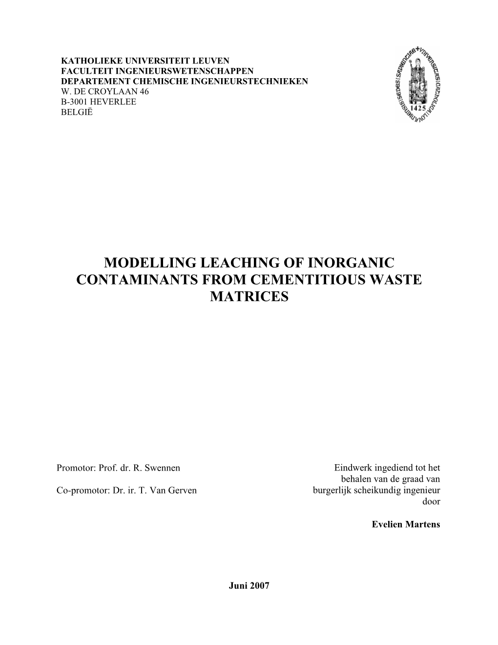 Modelling Leaching of Inorganic Contaminants from Cementitious Waste Matrices