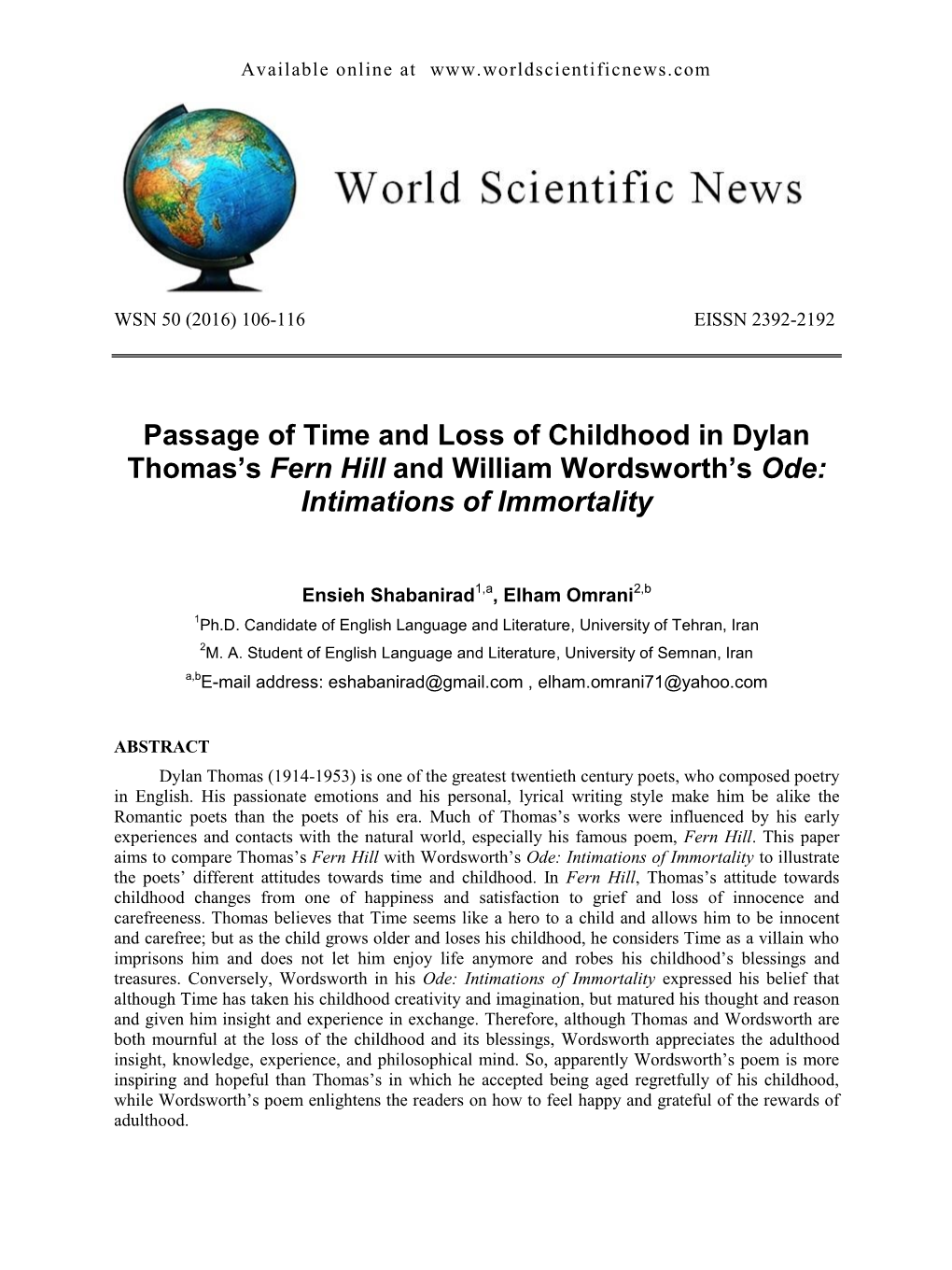 Passage of Time and Loss of Childhood in Dylan Thomas's Fern Hill and William Wordsworth's Ode: Intimations of Immortality