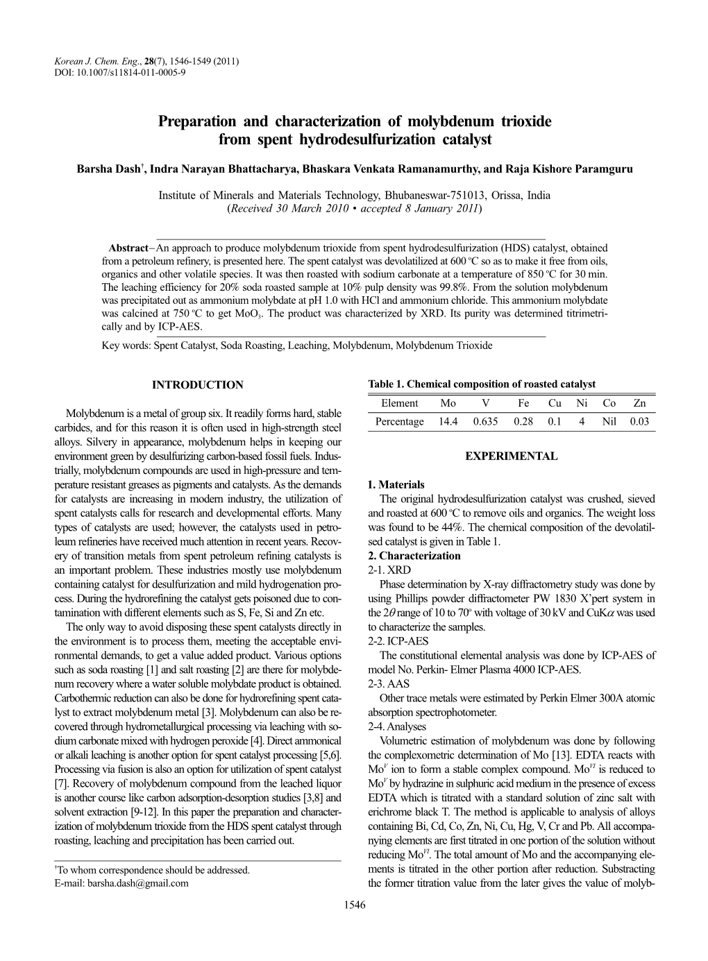 Preparation and Characterization of Molybdenum Trioxide from Spent Hydrodesulfurization Catalyst