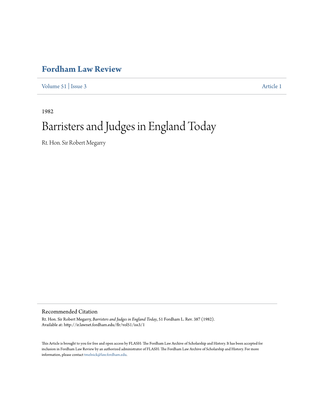 Barristers and Judges in England Today Rt