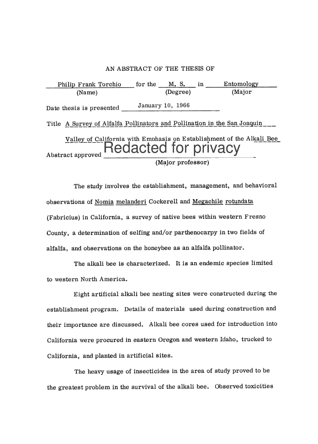 A Survey of Alfalfa Pollinators and Polination in the San Joaquin