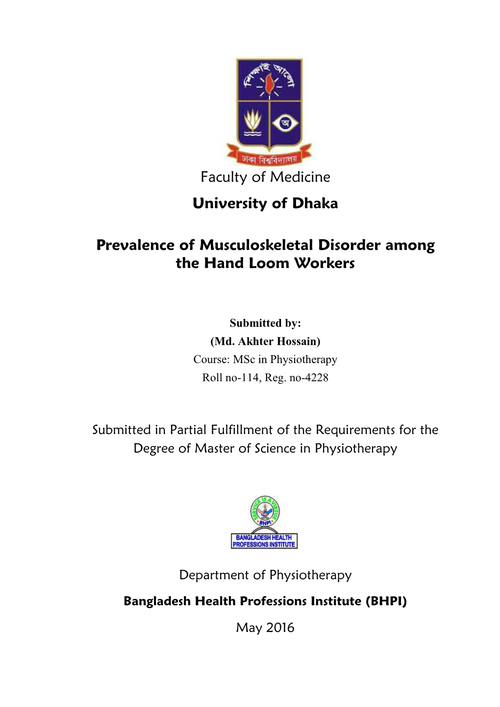 Faculty of Medicine University of Dhaka Prevalence Of