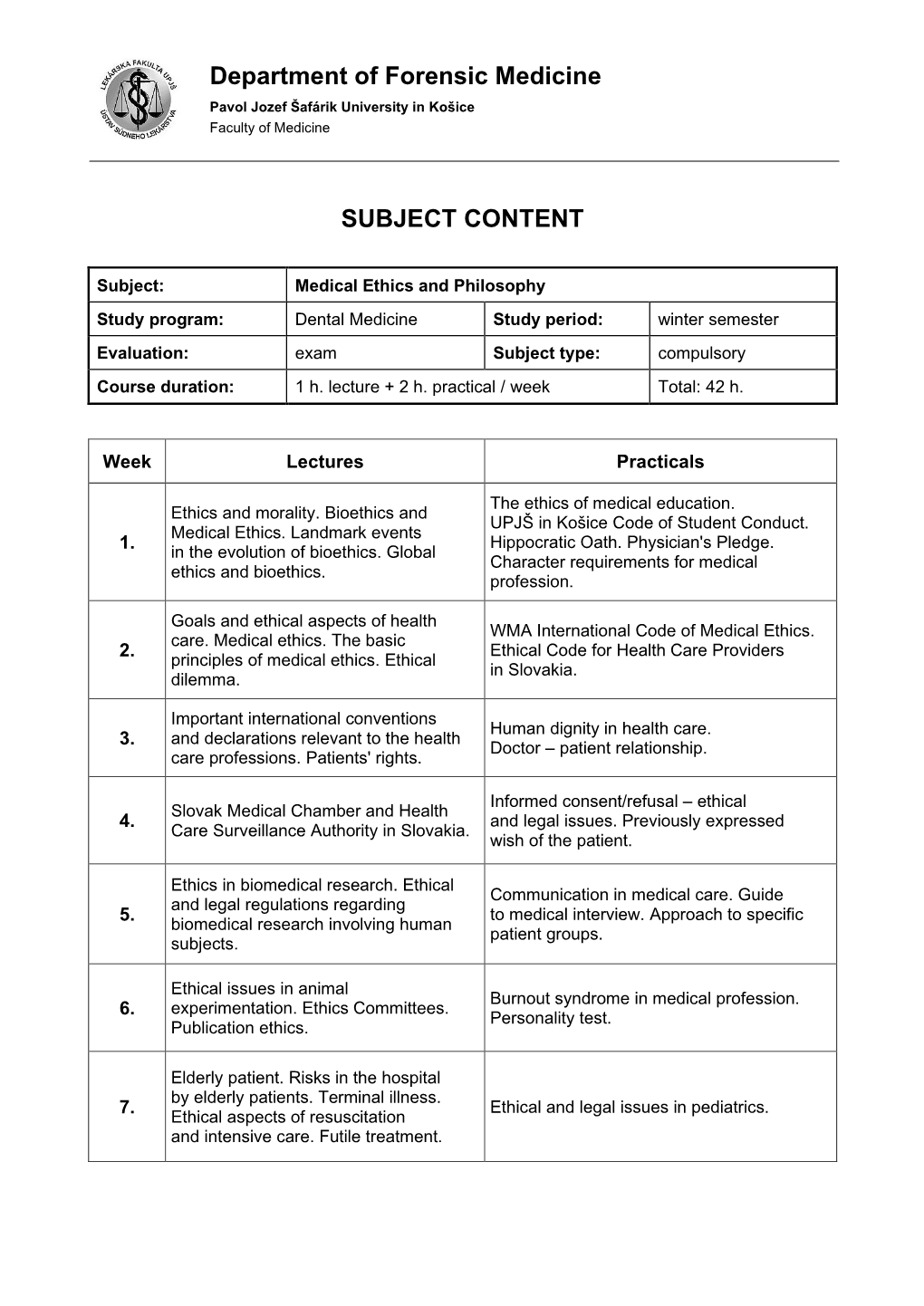 Department of Forensic Medicine SUBJECT CONTENT