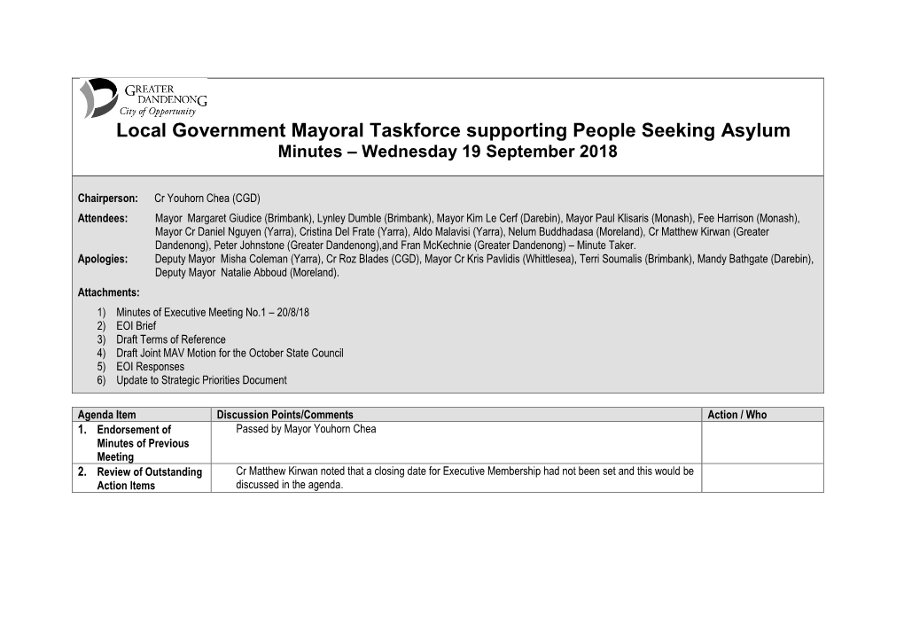 Local Government Mayoral Taskforce Supporting People Seeking Asylum Minutes – Wednesday 19 September 2018