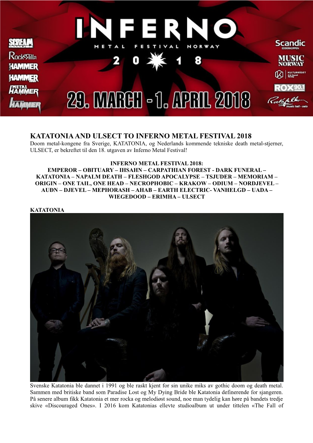 Katatonia and Ulsect to Inferno Metal Festival 2018